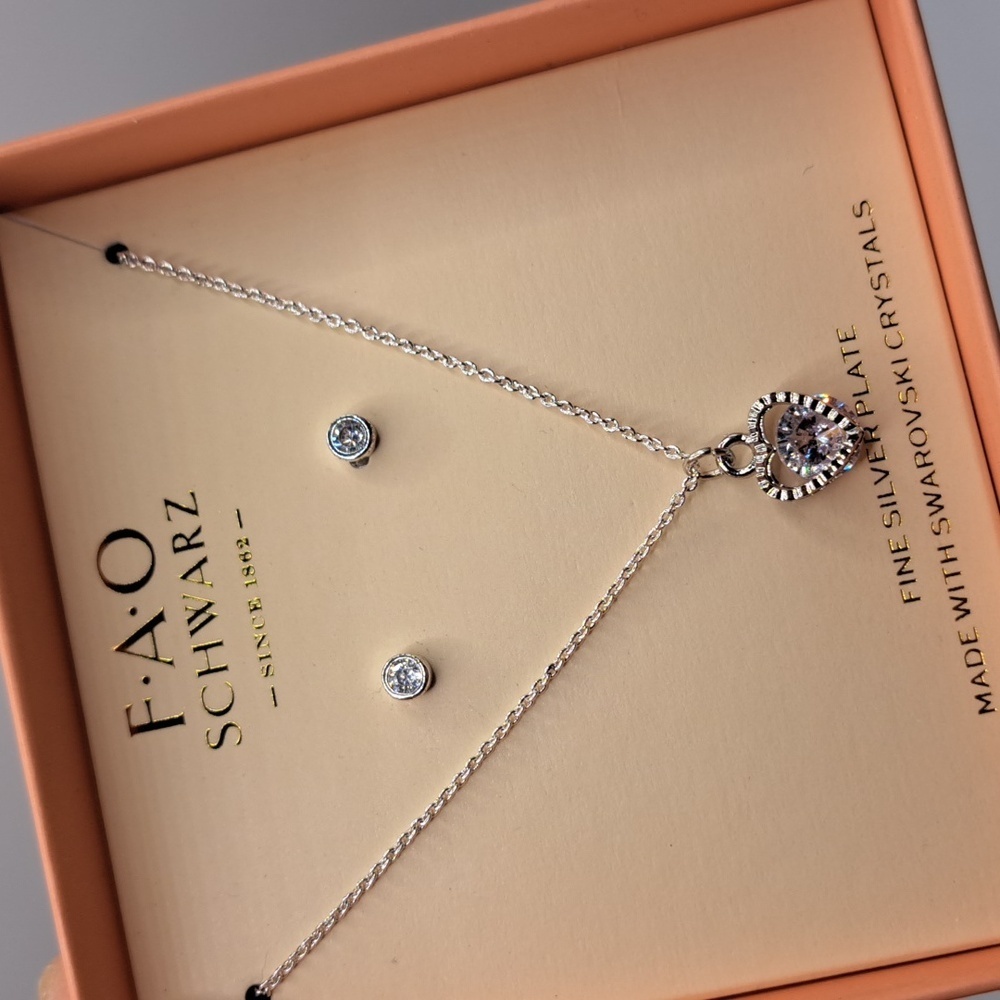 FAO Schwarz Silver Tone Heart Necklace with Crystal Accents
